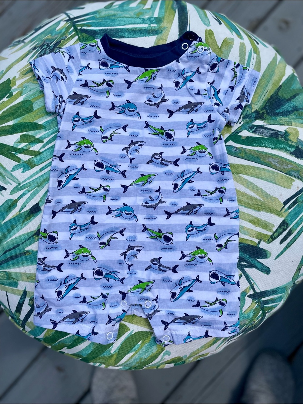 Navy & Light Blue Shark-Print Baby One-Piece Cotton Bodysuit